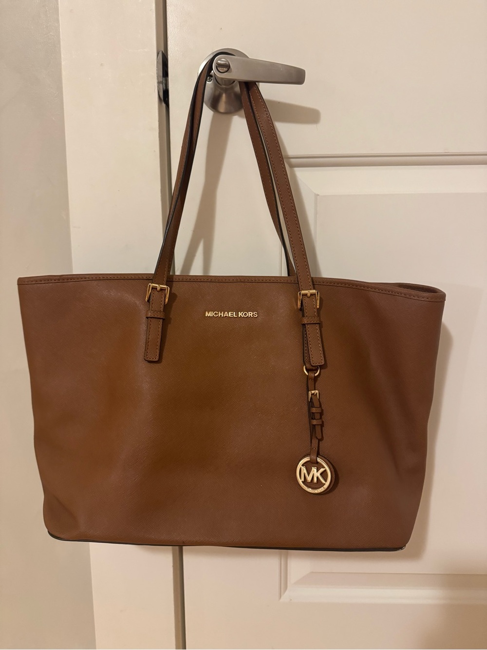 Michael Kors Cognac Leather Jet Set Tote with Gold Logo Charm